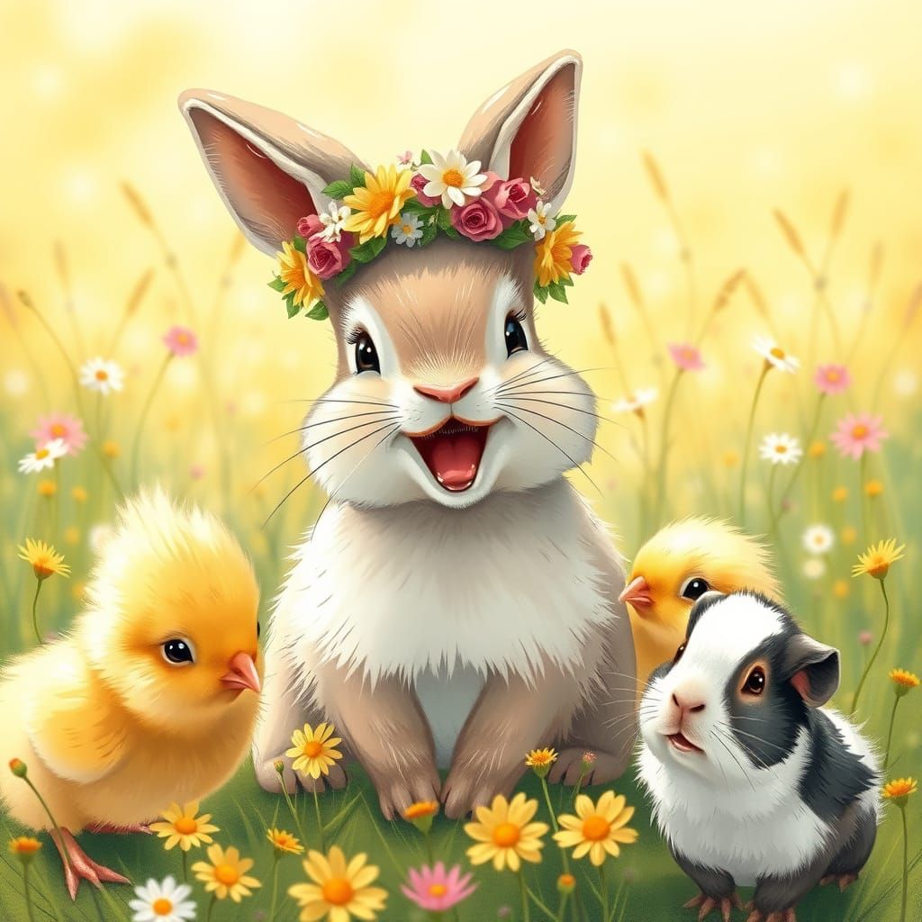 Bunny with Chicks and Guinea Pigs in Meadow