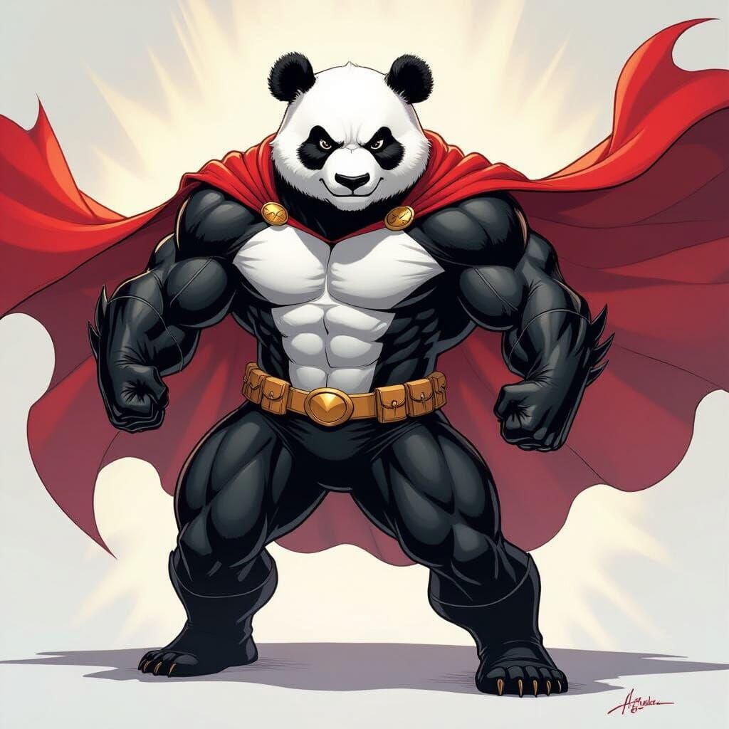 Muscular Superhero Panda in Dynamic Comic Book Style