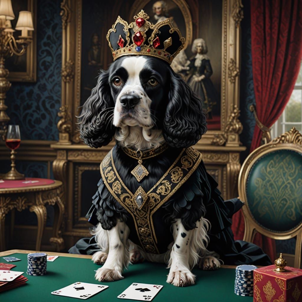 Queen of Spades Cocker Spaniel Emerges from Poker Card