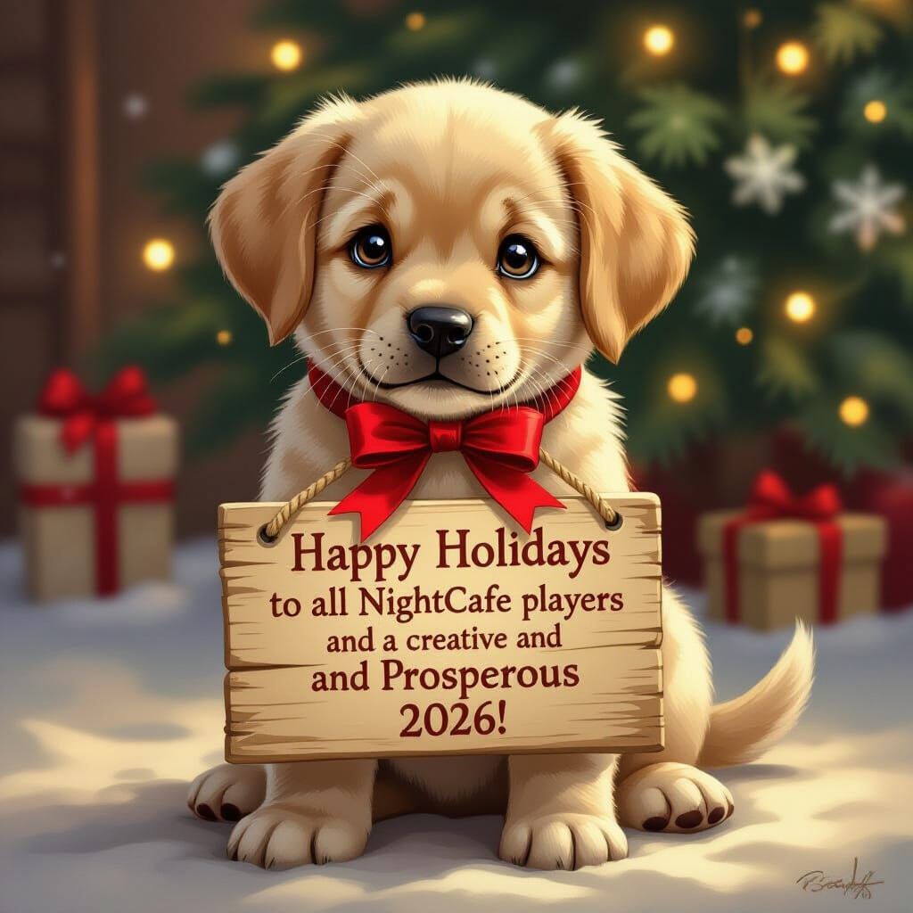 Adorable Labrador Puppy Wishes Happy Holidays with Wooden Si...