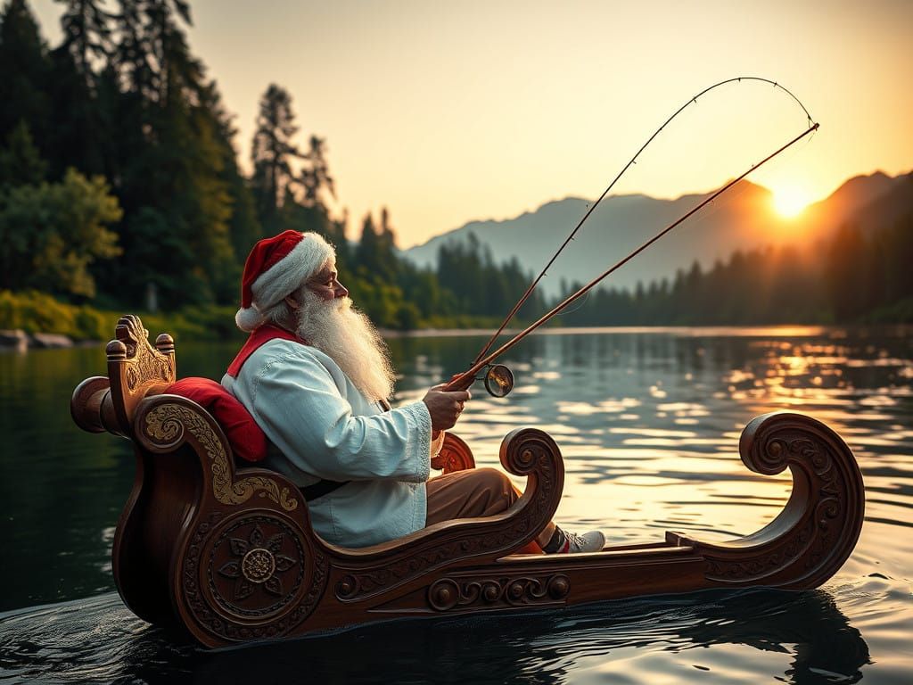 Serene Santa Claus in a Traditional Wooden Sleigh-Boat, Fish...