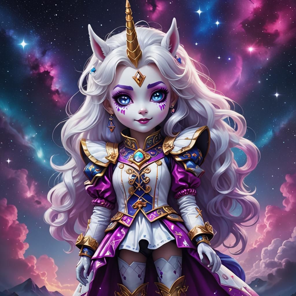 Chibi Harlequin Unicorn Princess in Aurora Night