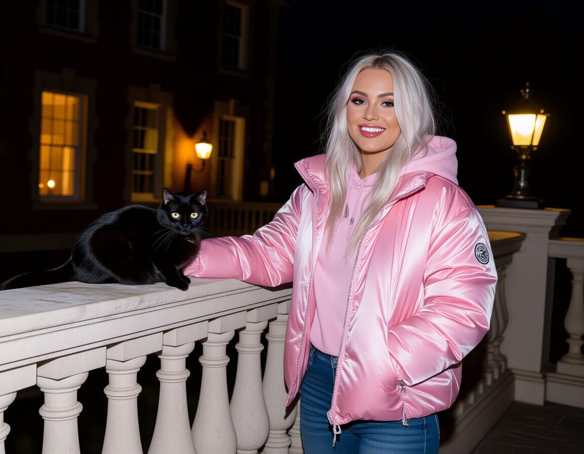 Woman with Black Cat on Autumn Night