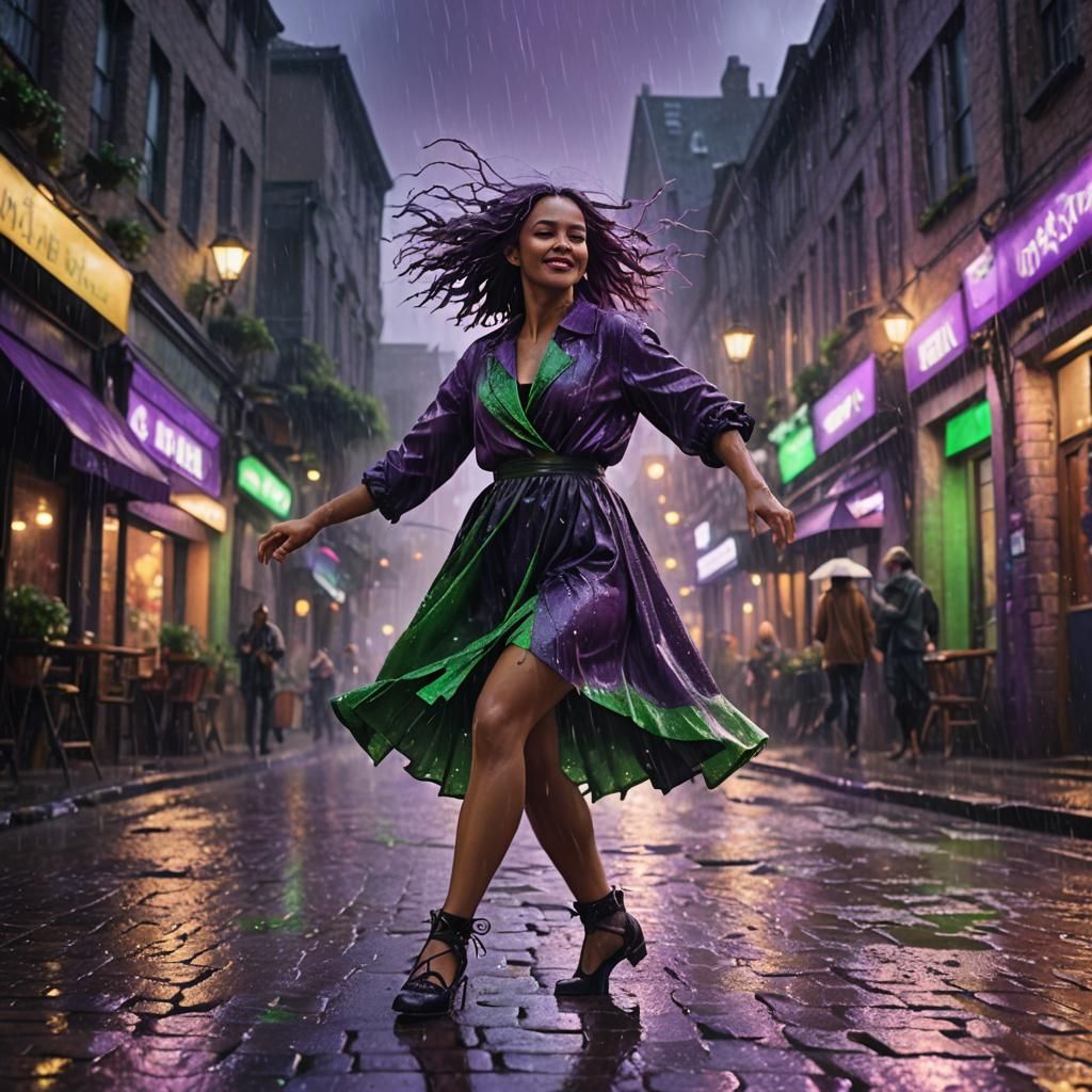 Woman Dancing in Neon Rain: Matte Painting