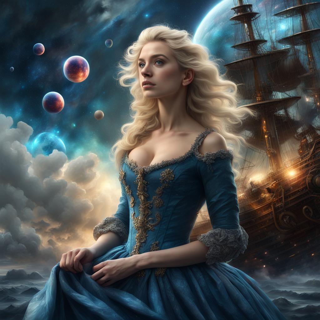 18th Century Lady with Ghost Ship in Space