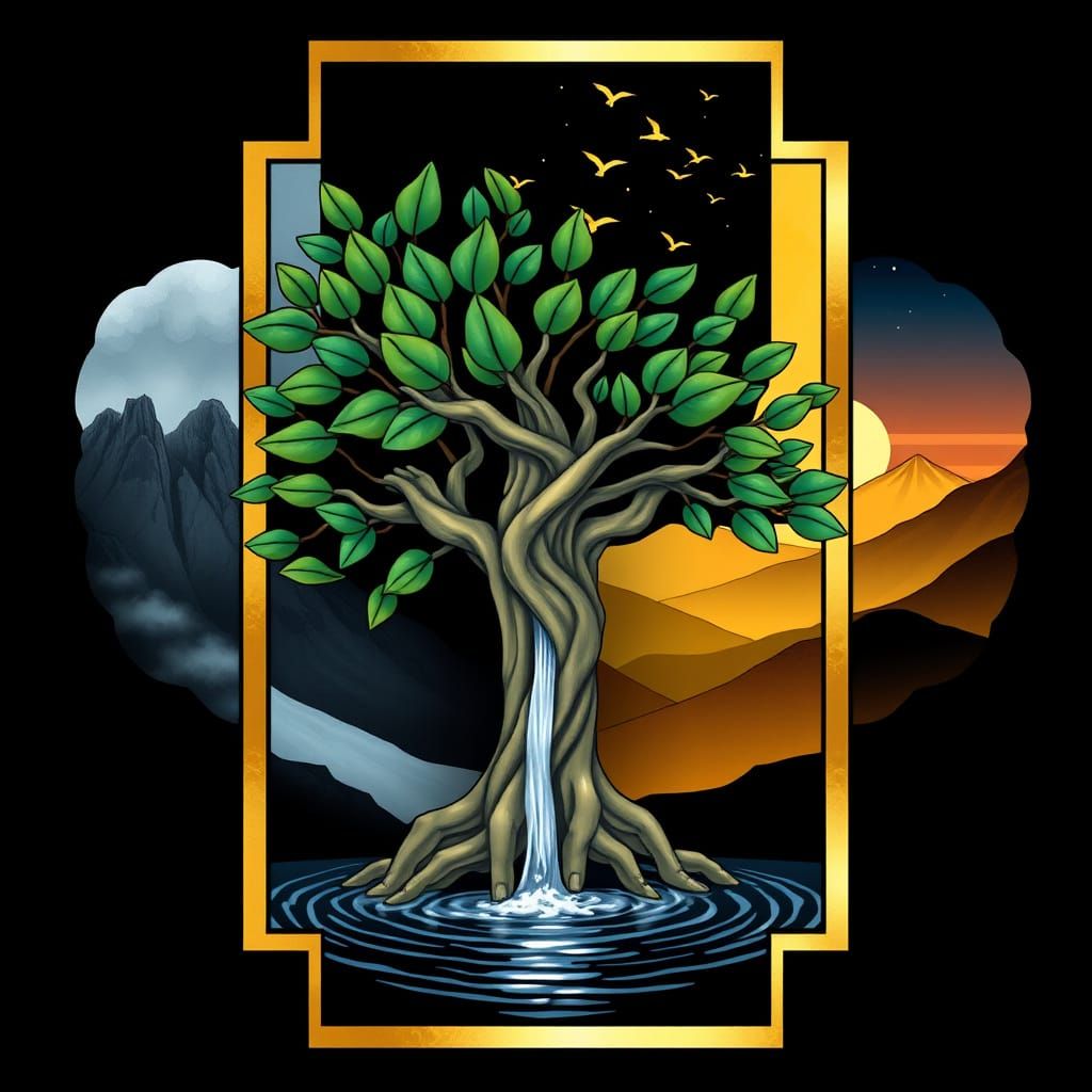 Surreal Tree Emerges from Human Hands in Futuristic Landscap...