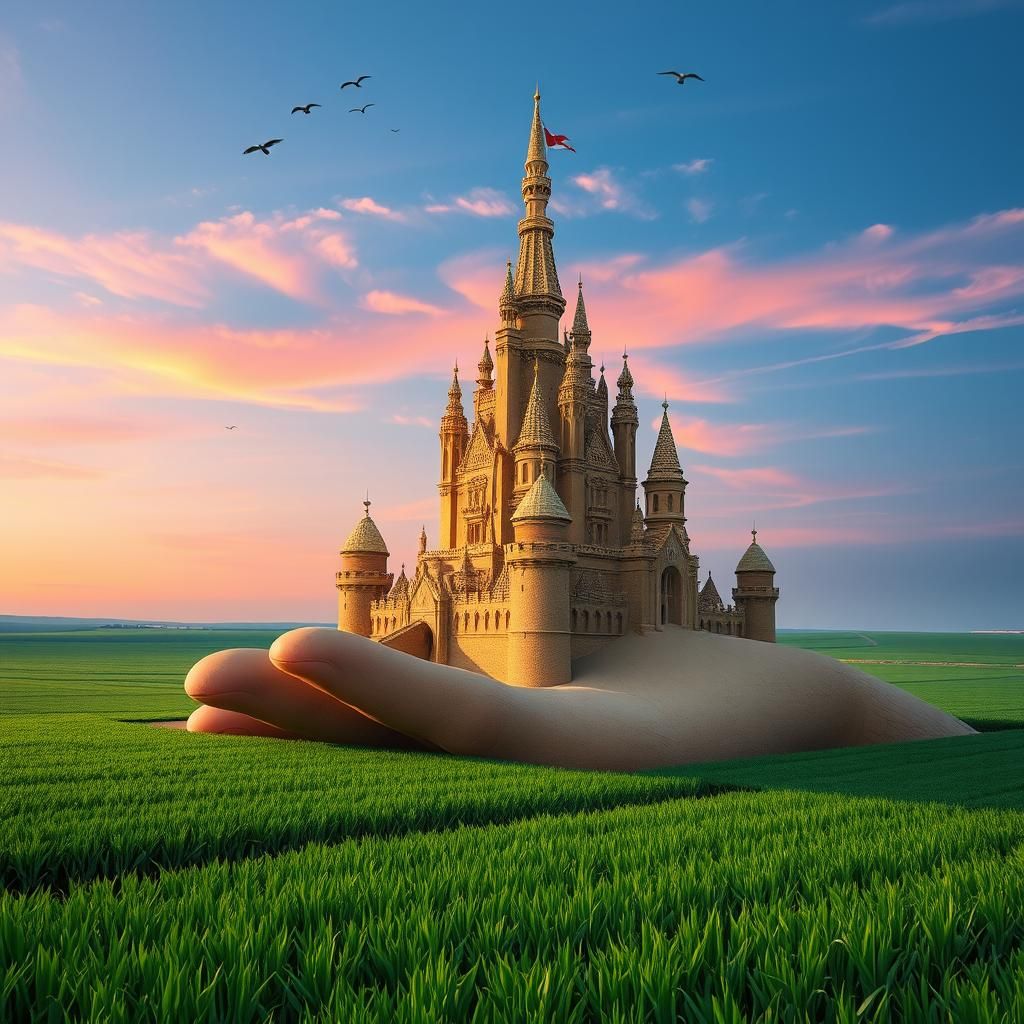 Surreal Sandcastle in Lush Farmland, Dreamlike Art