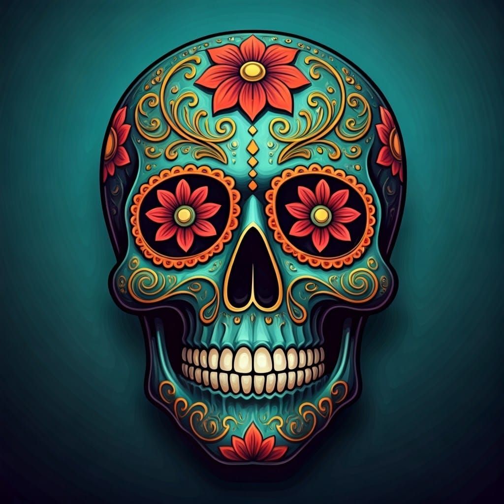 Ornate Skull with Floral Patterns in Sugar Skull Style