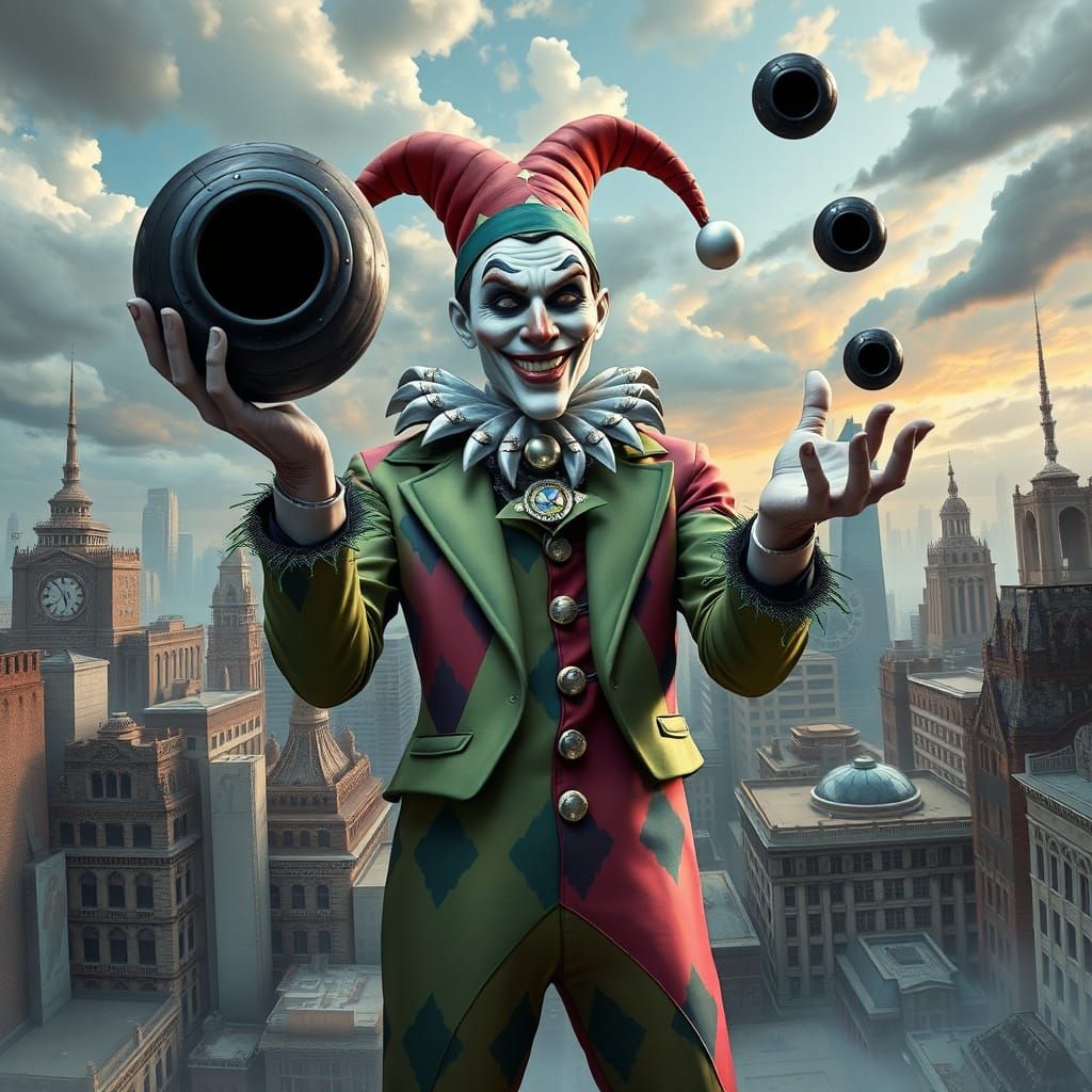 Quantum Jester Juggles Black Holes in Surreal Cityscape