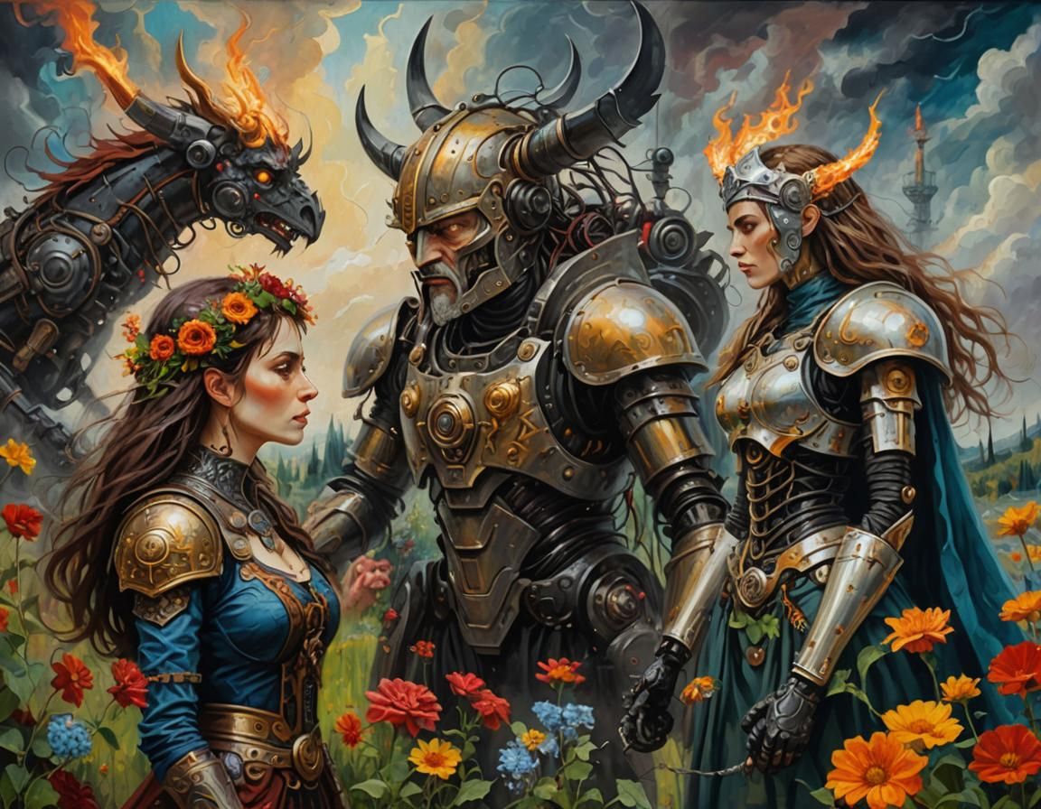Viking and Robotic Valkyrie at Valhalla: Art Nouveau Paintin...