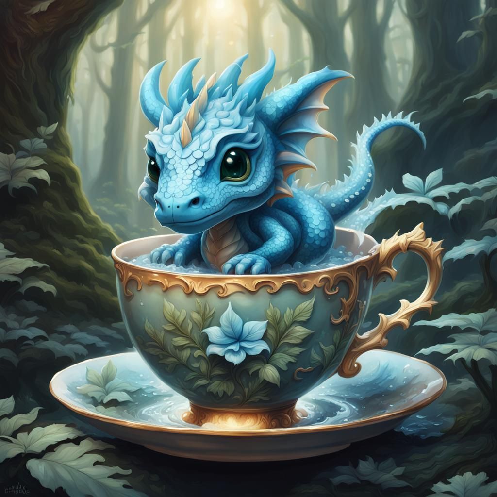 Tiny Blue Dragon in Teacup: Fantasy Art