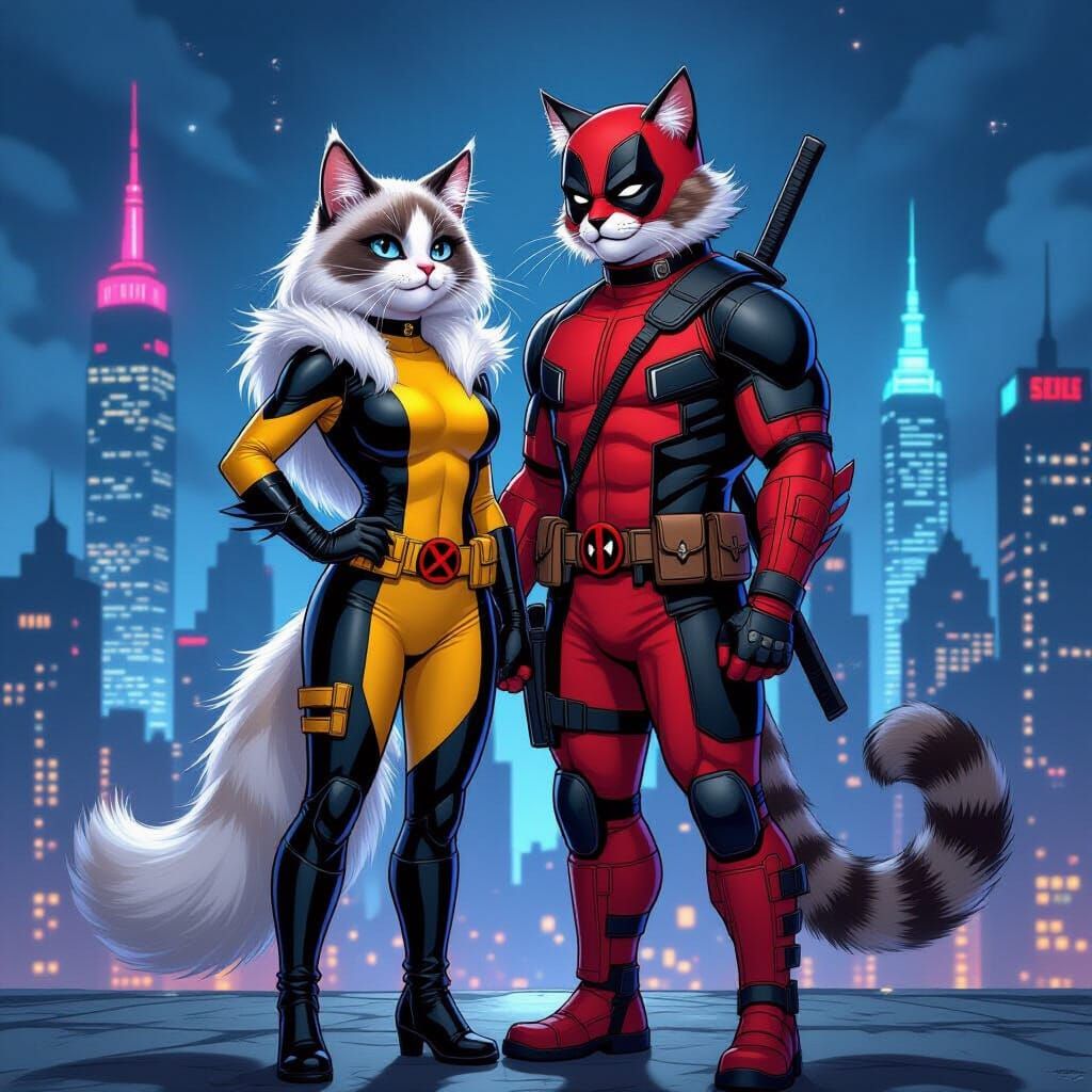 Superhero Cats in Futuristic City, Marvel Comic Style
