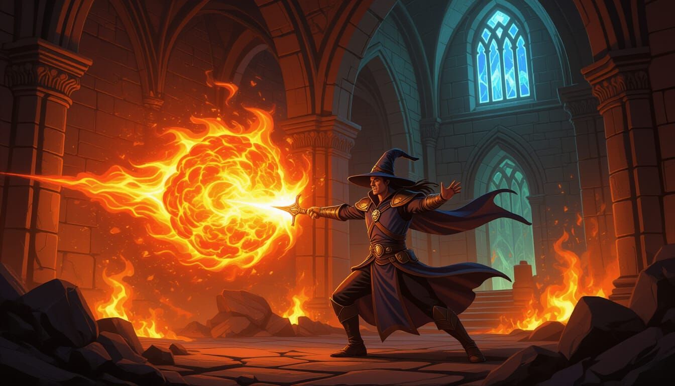 Wizard Casts Fireball in Blazing Dungeon Ruins