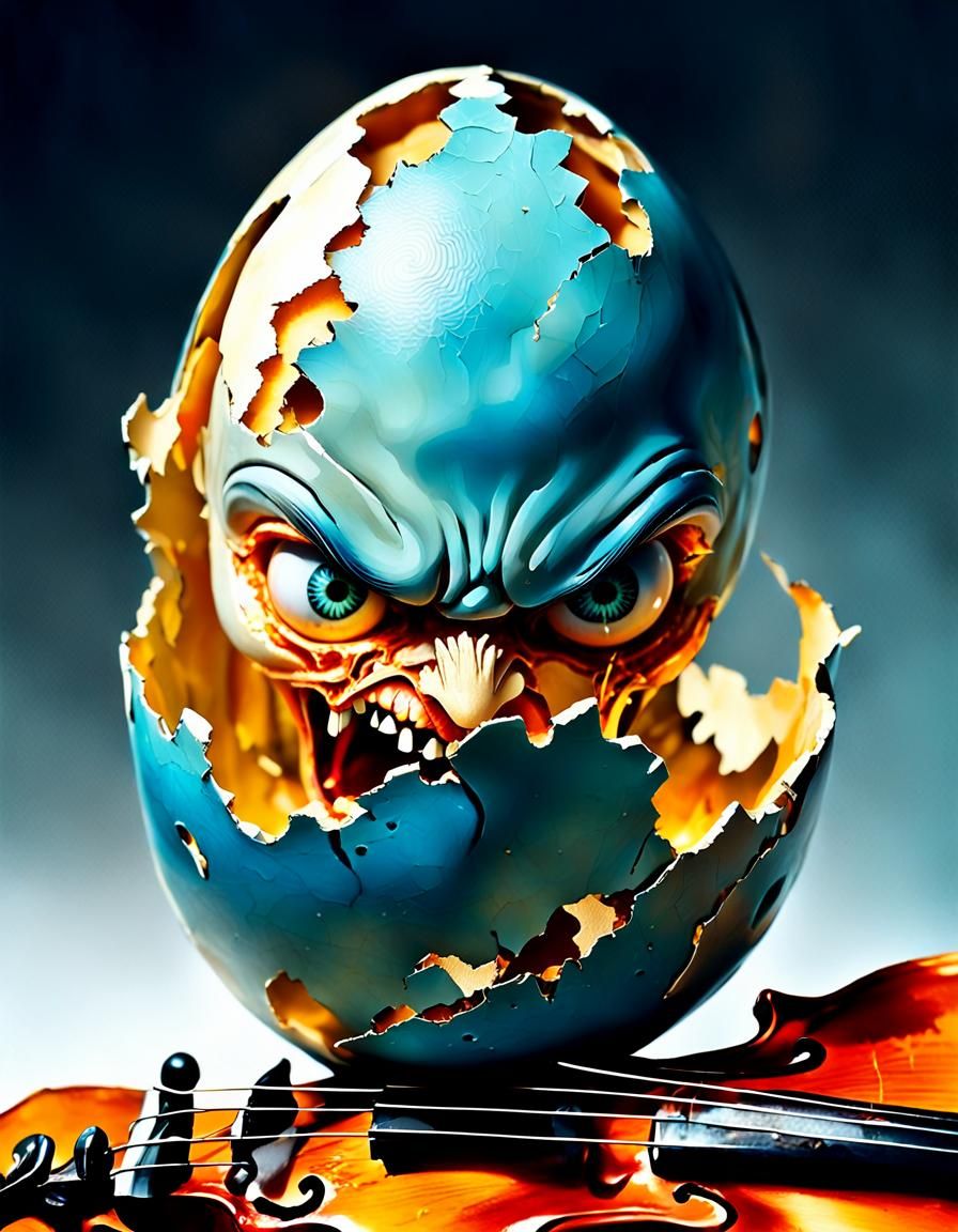 Enraged Face on Broken Egg Violin, Digital Art