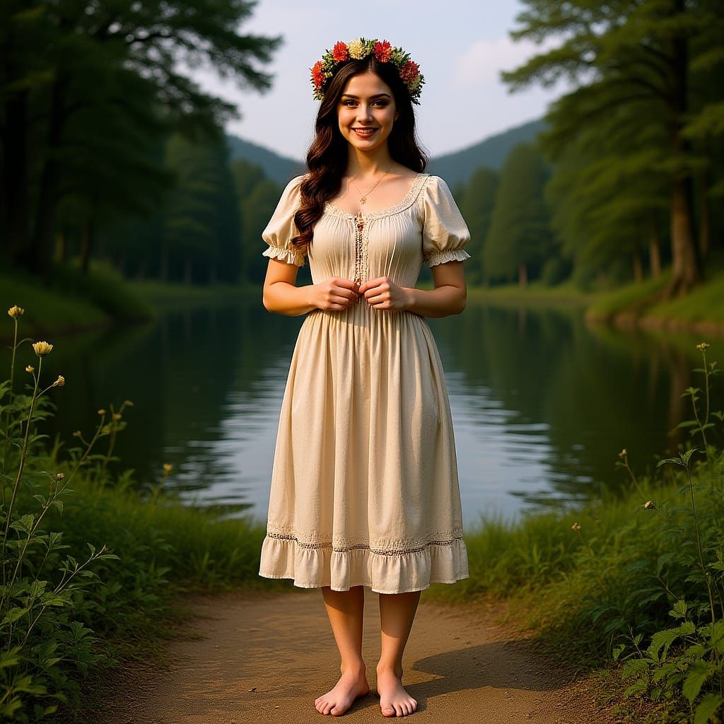 Sensual Peasant Woman Disrobing by Forest Lake