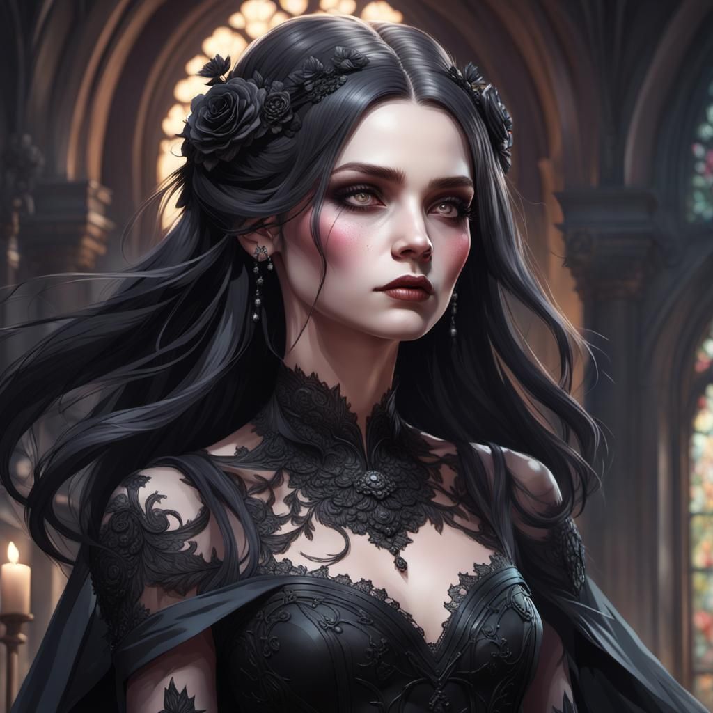 Gothic Woman in Black Wedding Dress Portrait