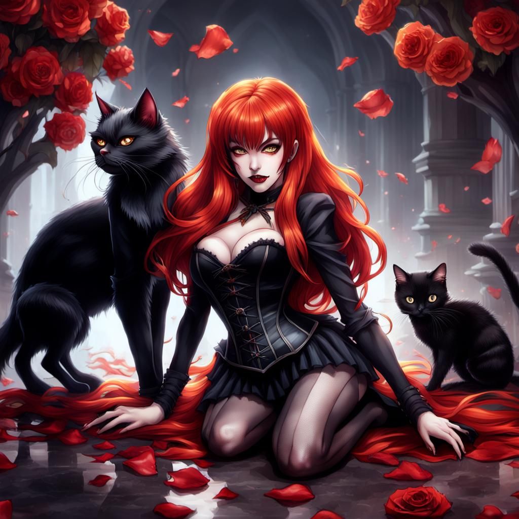 Elvira with Fiery Hair and Black Cat in Anime Style