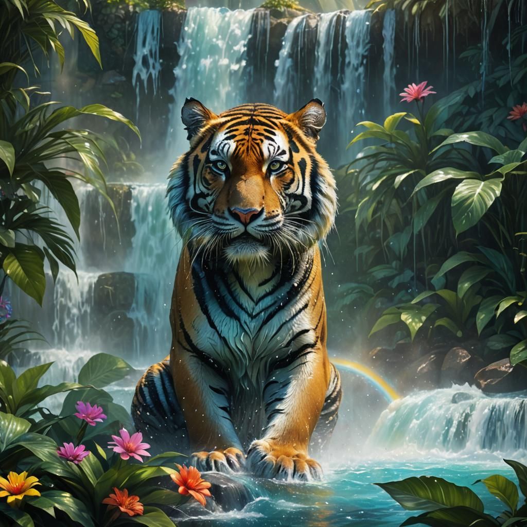 Water Tiger Emerges from Iridescent Waterfall