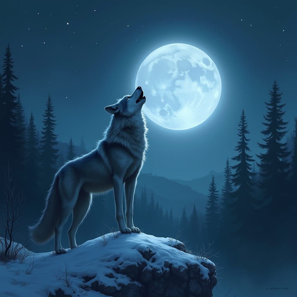 Lone Wolf Howling at Moon in Dark Fantasy Style