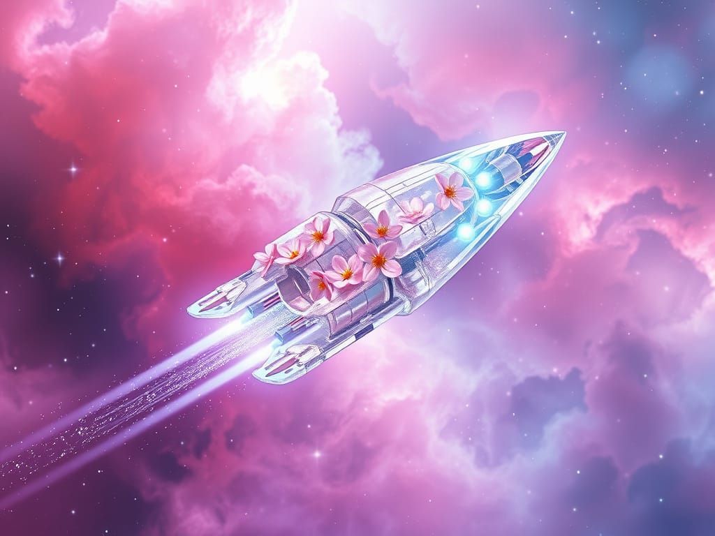 Crystal Spacecraft Soars Through Ethereal Nebula