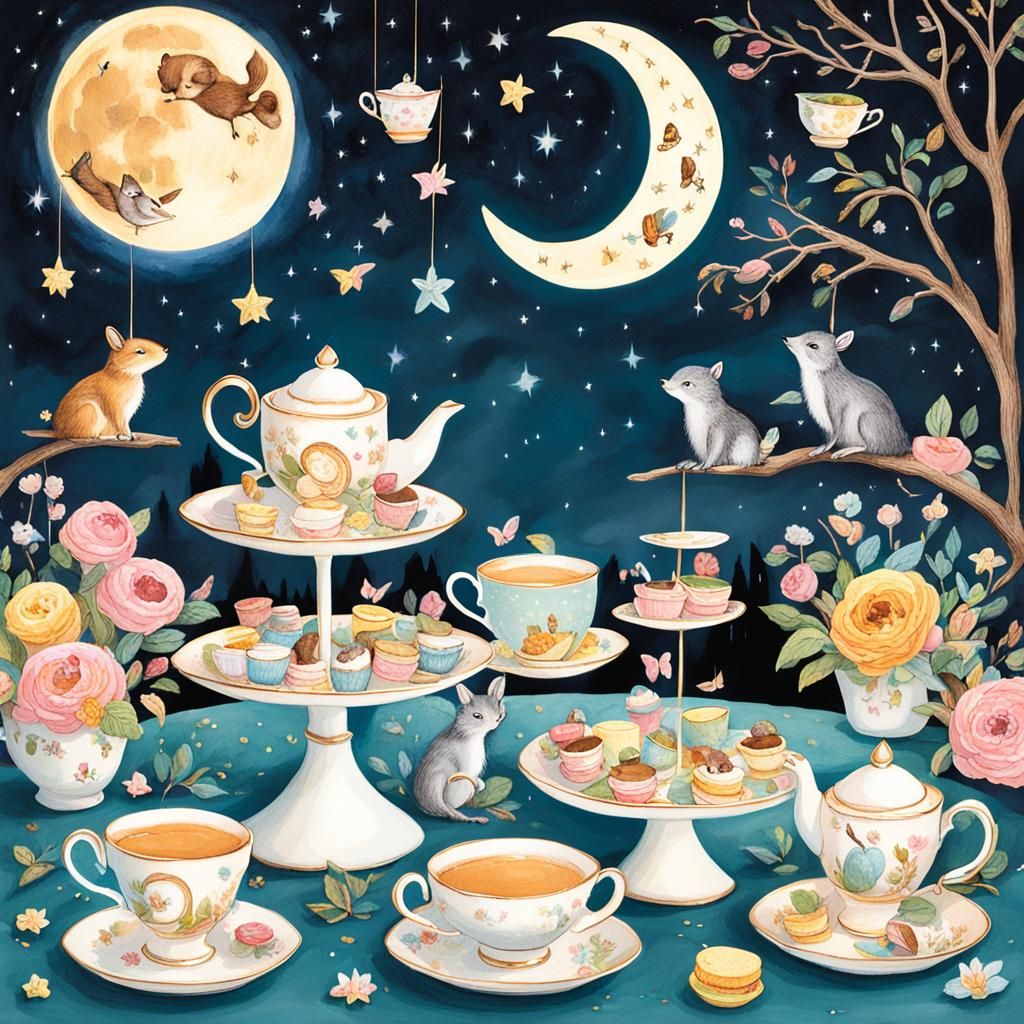 Whimsical Nighttime Tea Party on the Moon