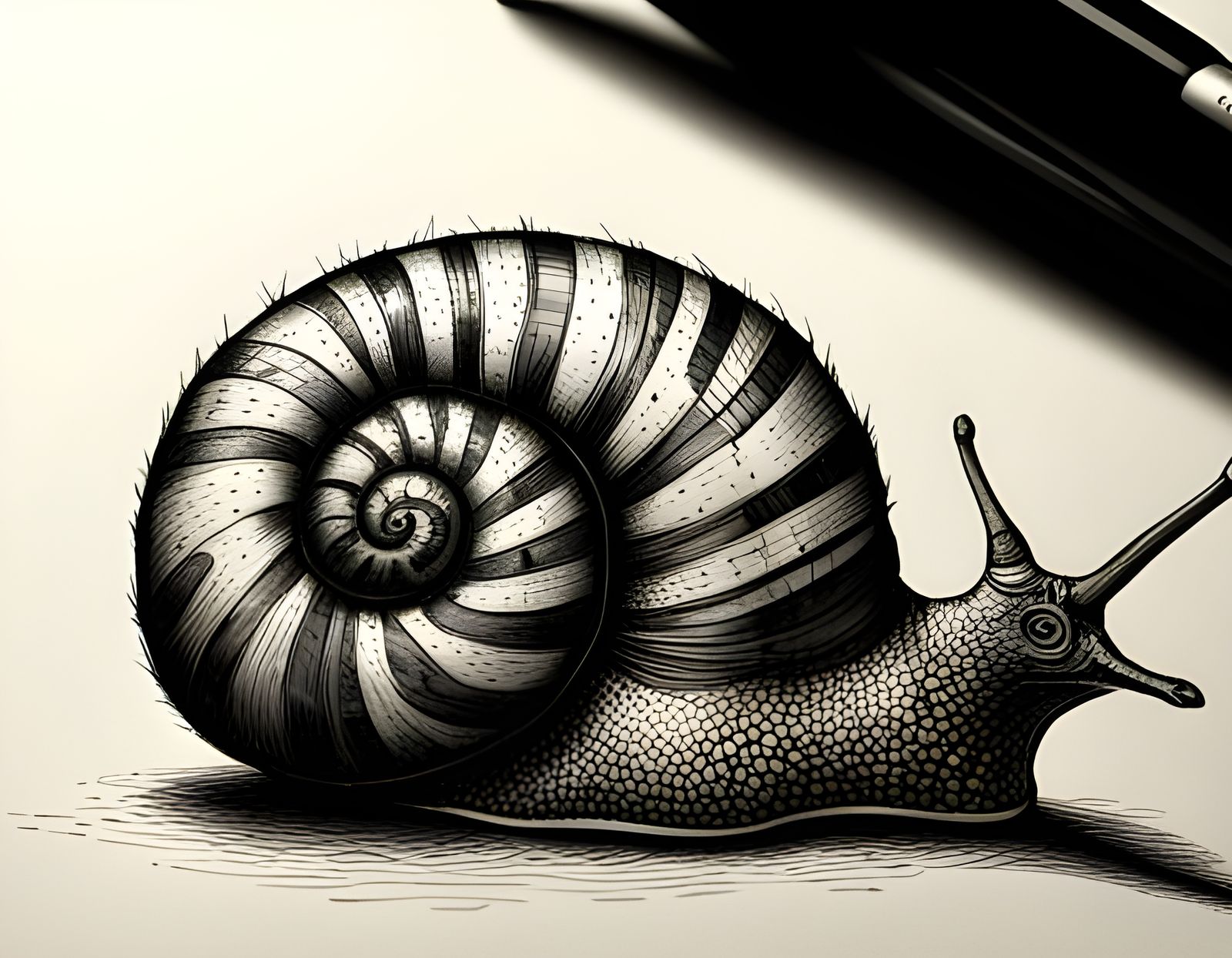 Hyperdetailed Snail with Spiral Shell in Charcoal Style