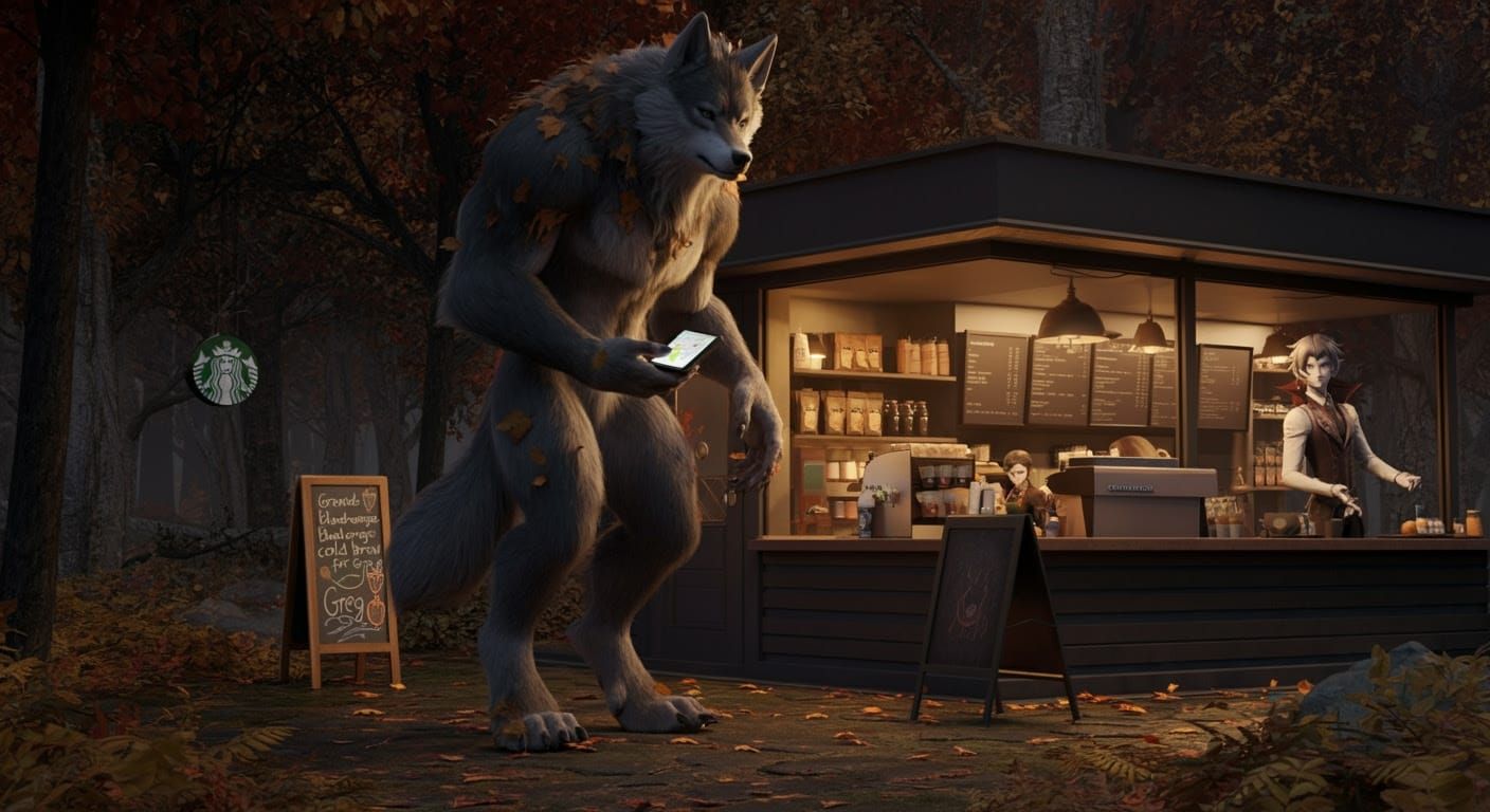 Werewolf Surprised by Starbucks in Enchanted Forest