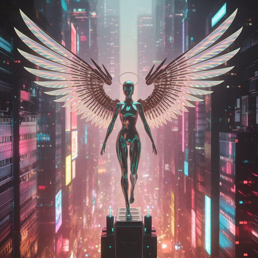 Cyberpunk Angel with Iridescent Wings in Neon City