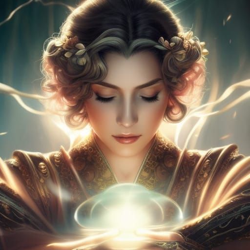 Blonde Shrine Maiden with Moonstone Orb, Digital Art