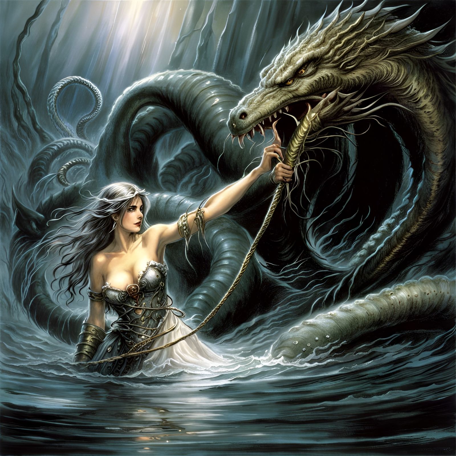 Adventuress and Tentacle Monster in Lake
