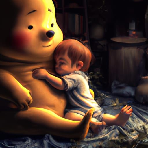 Infant Hugging Winnie the Pooh in Anime Style