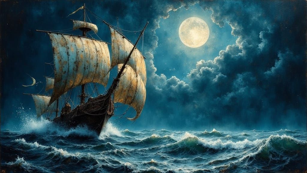 Pirate Warship Amidst Storm in Oil Painting Style