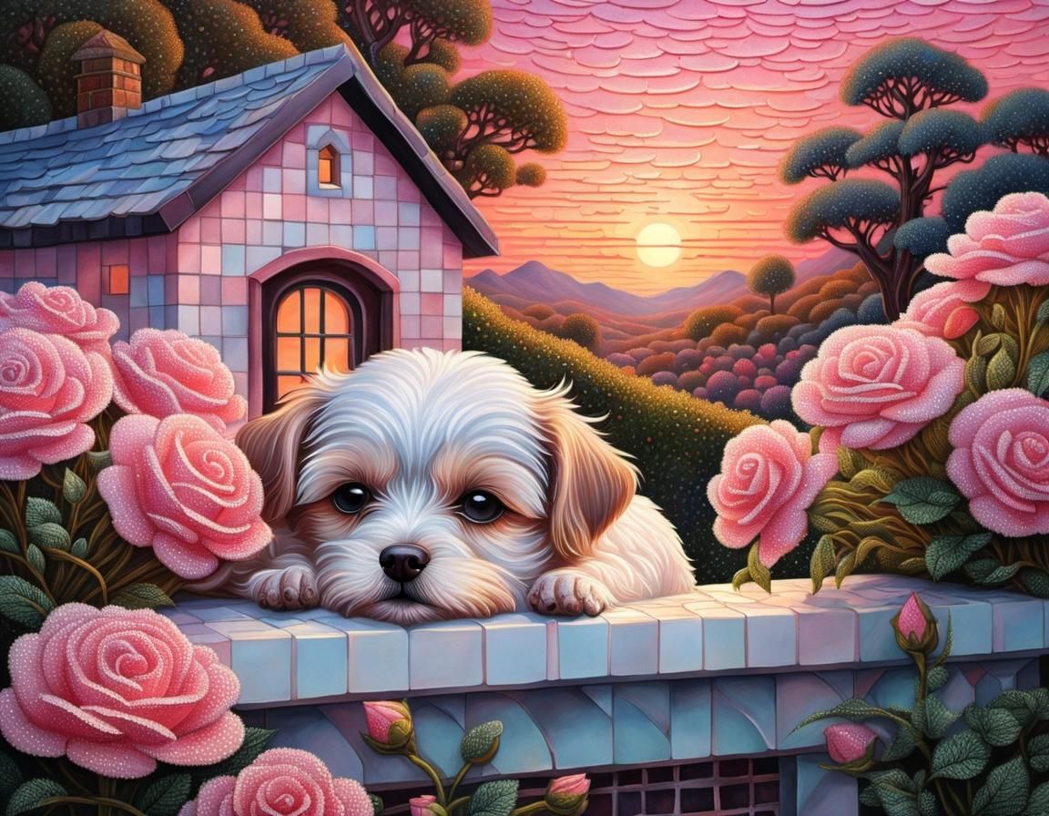 Rosy Dawn Over Art Deco Cottage, Mosaic Style