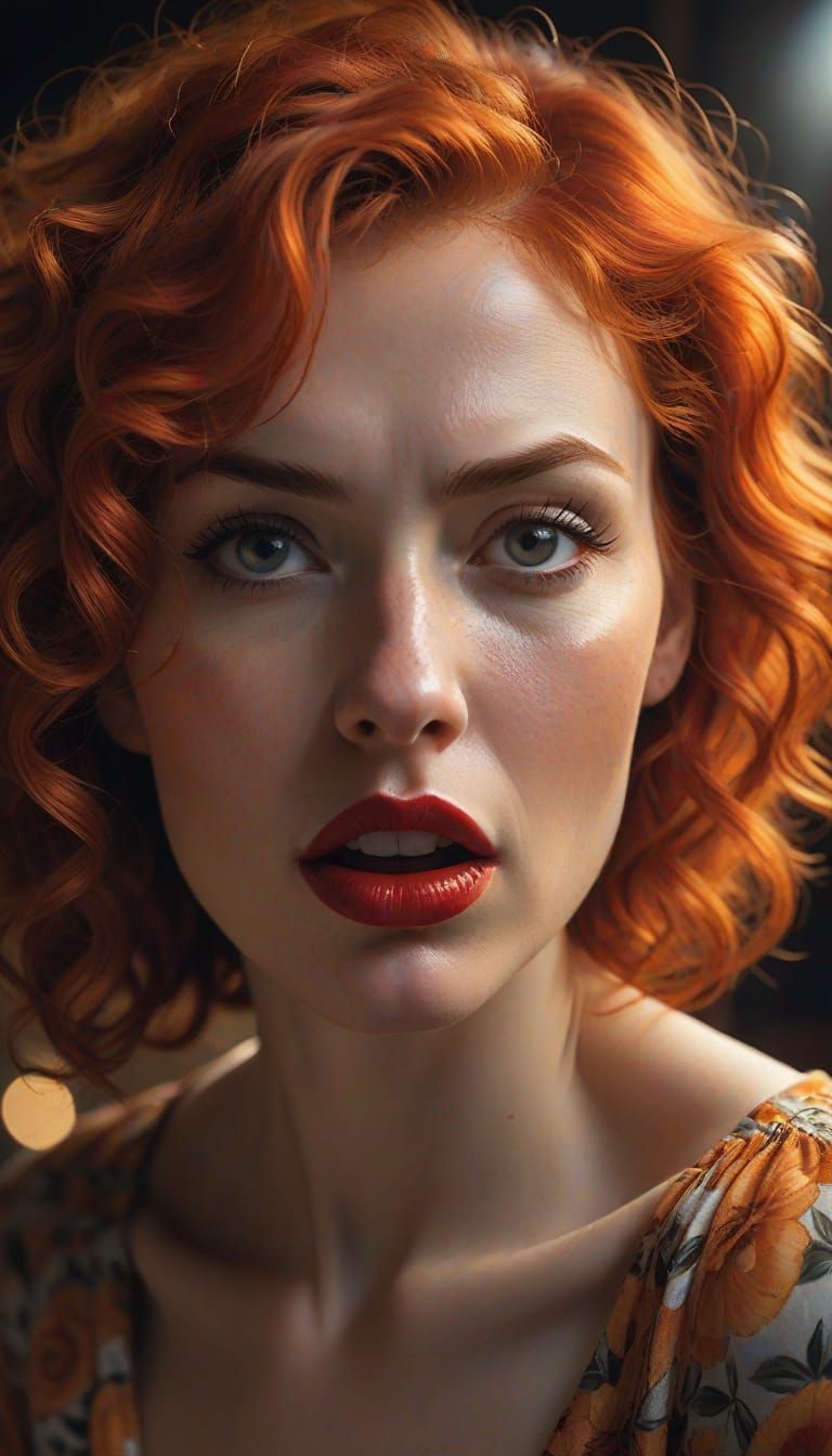 Furious Woman with Fiery Orange Hair in Dramatic Close-Up