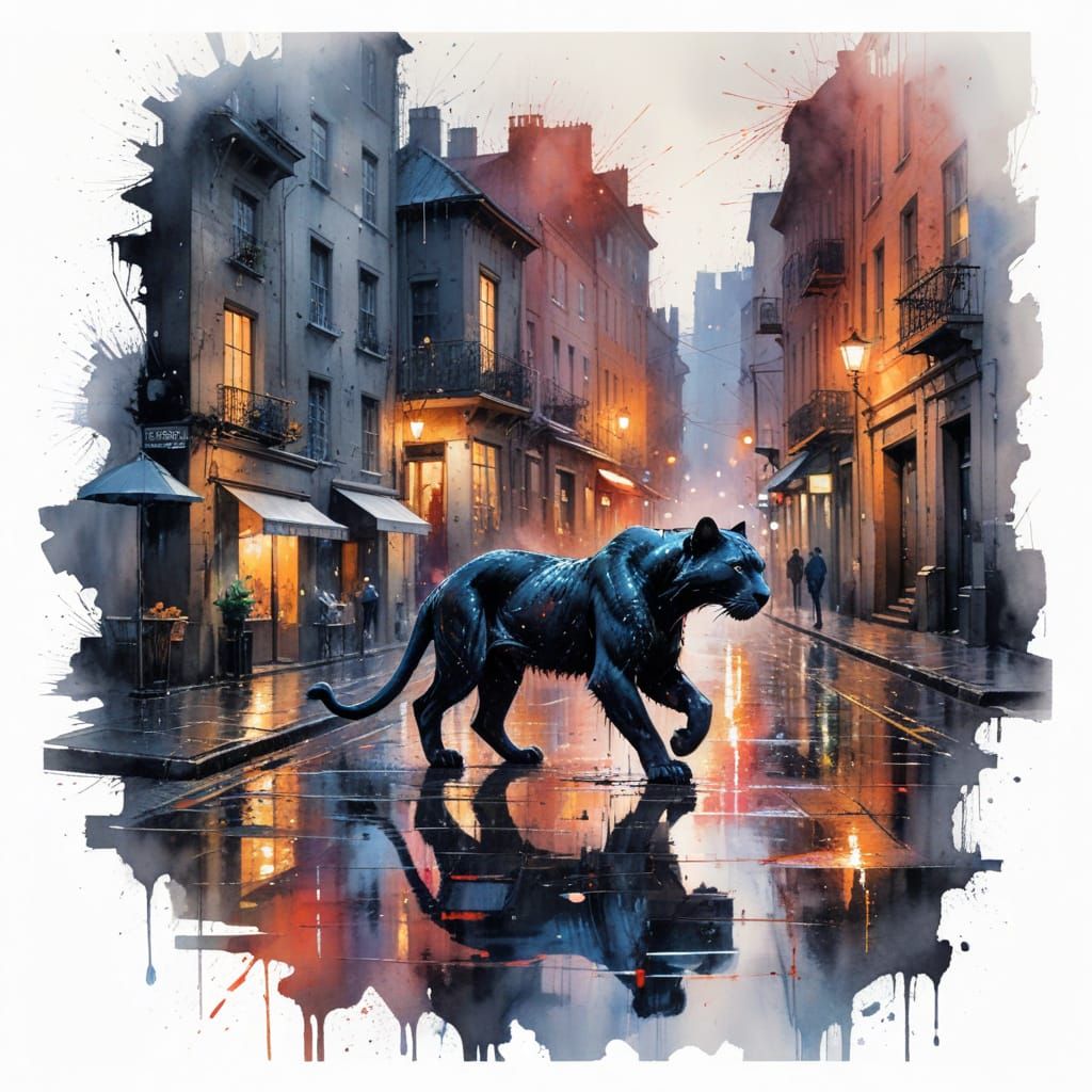 Rainy City Panther in Neon-Hued Watercolour
