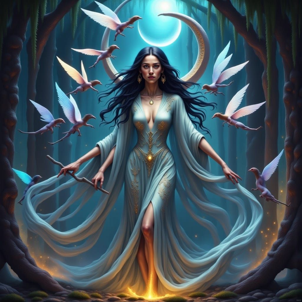 Moon priestess goddess. Summoning circle pixies <lora:Goddes...