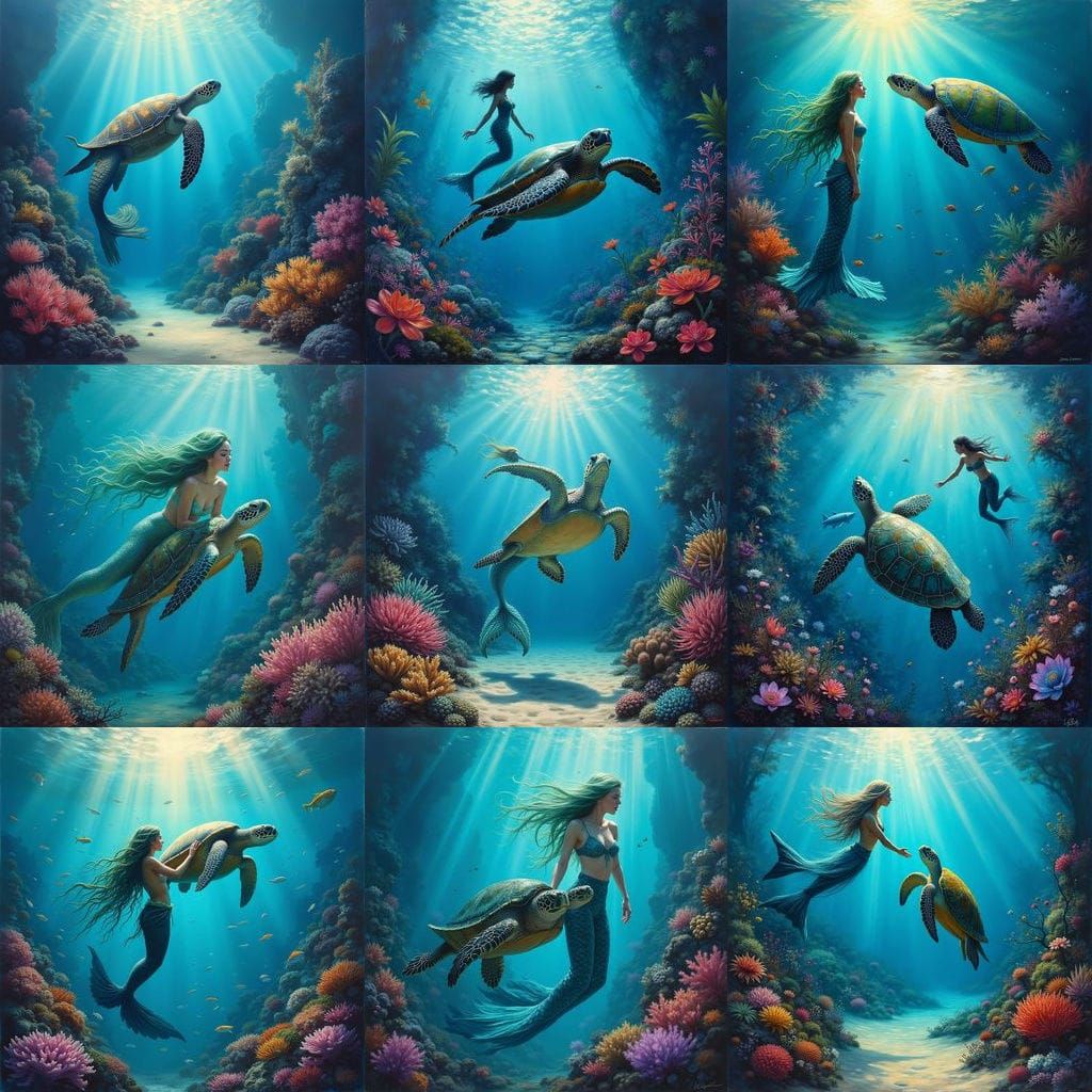 Mermaid Releases Sea Turtle in Vibrant Undersea Garden Oil P...