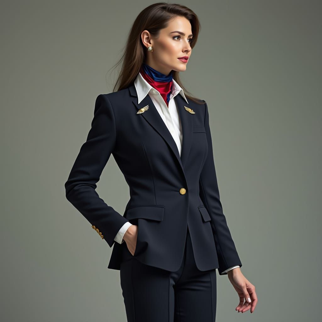 Confident Woman in Navy Blazer with Art Deco Wings