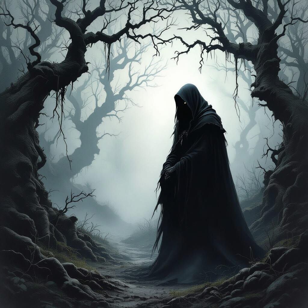 Mysterious Cloaked Figure in Dark, Misty Forest