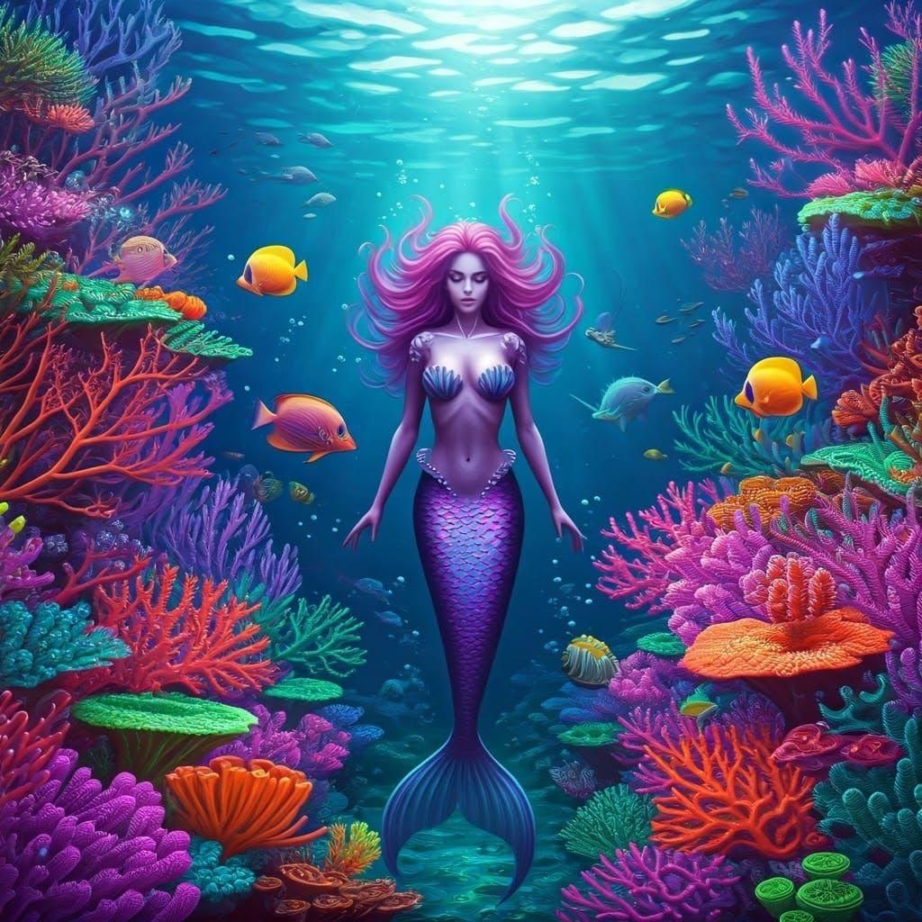 Neon Mermaid in Coral Reef: Digital Art