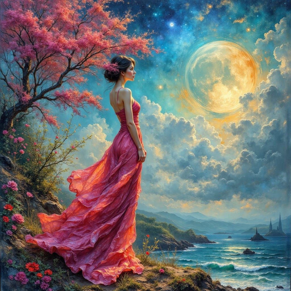 Abstract Surreal Oil Painting of Woman with Moon