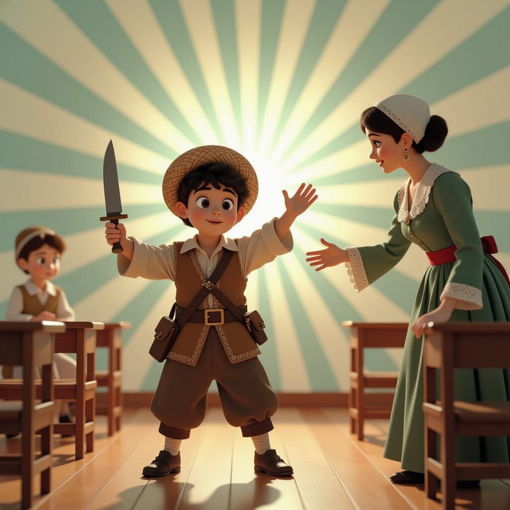 Boy Bandit in Classroom: Rococo-Style 3D Digital Art