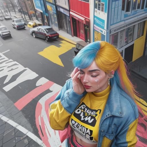 Woman Cries at Sunrise in Pop Art Style