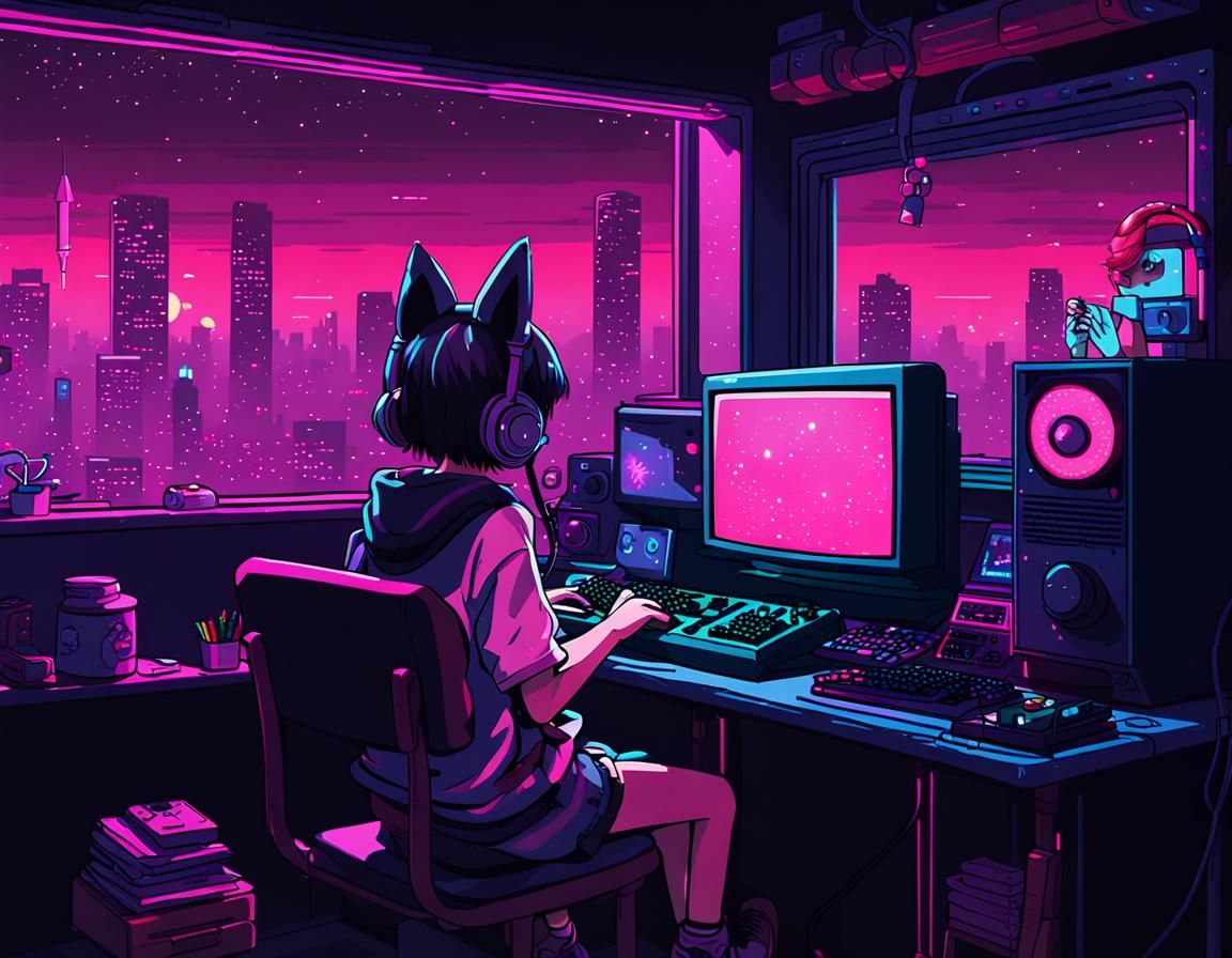 Gamer Girl in Vaporwave Pixel Art Room