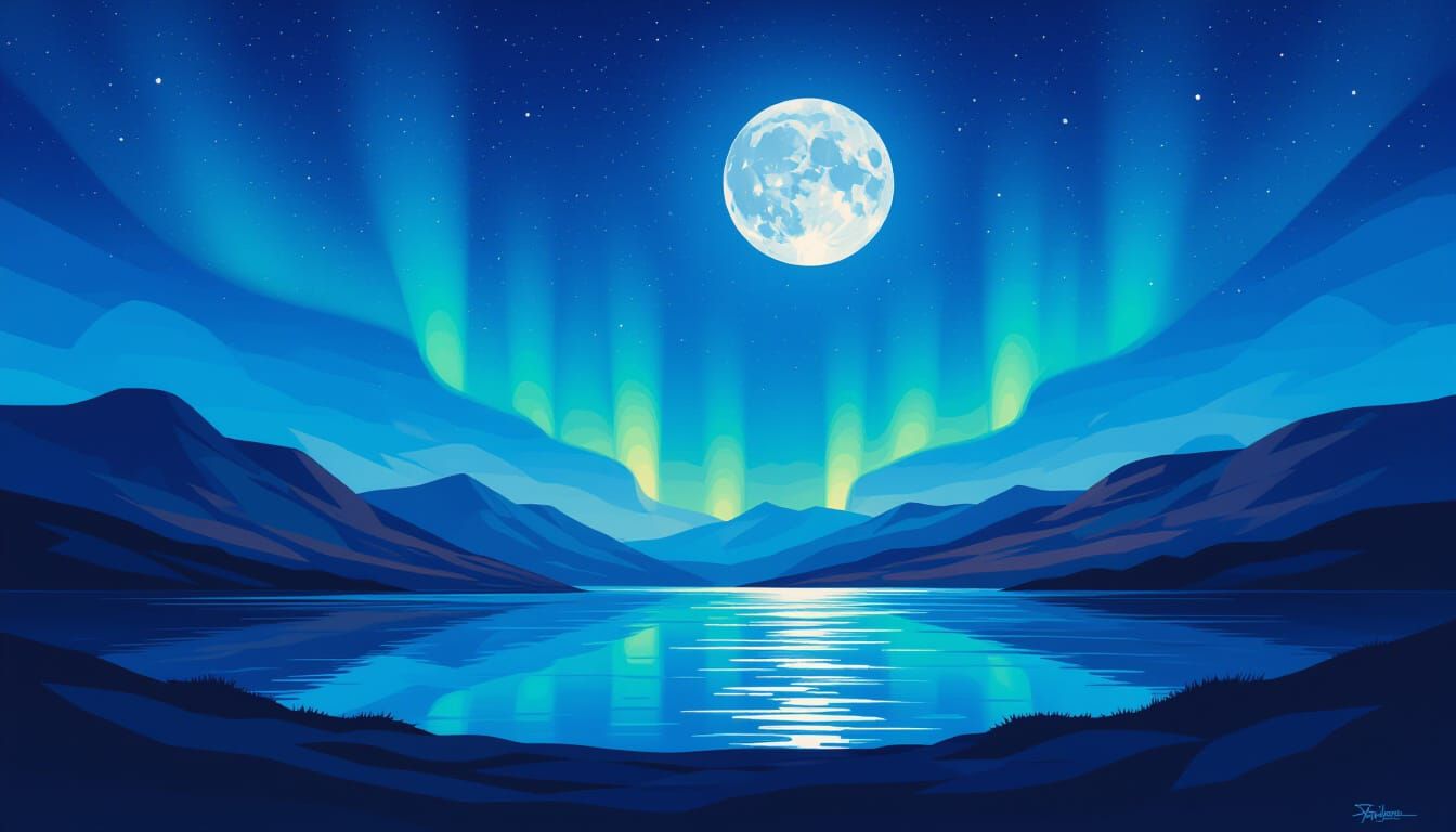 Nocturnal Loch Under Aurora Borealis and Full Moon