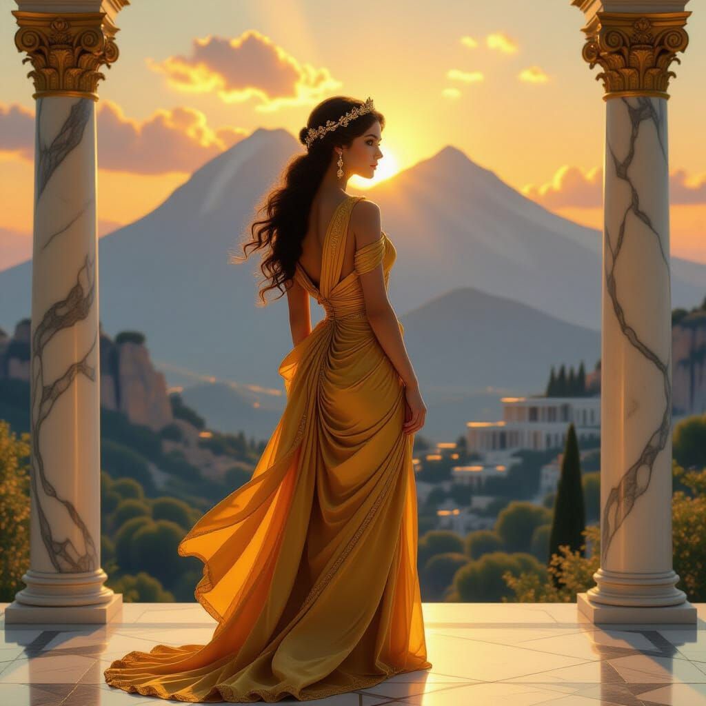 Grecian Goddess in Golden Gown at Mount Olympus