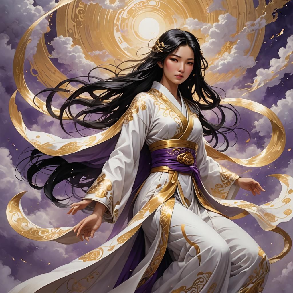 Angelic Japanese Superheroine in Flowing White Robes