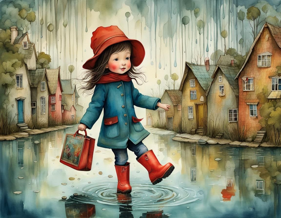 Child's Joyful Puddle Jump: Whimsical Cubist Illustration