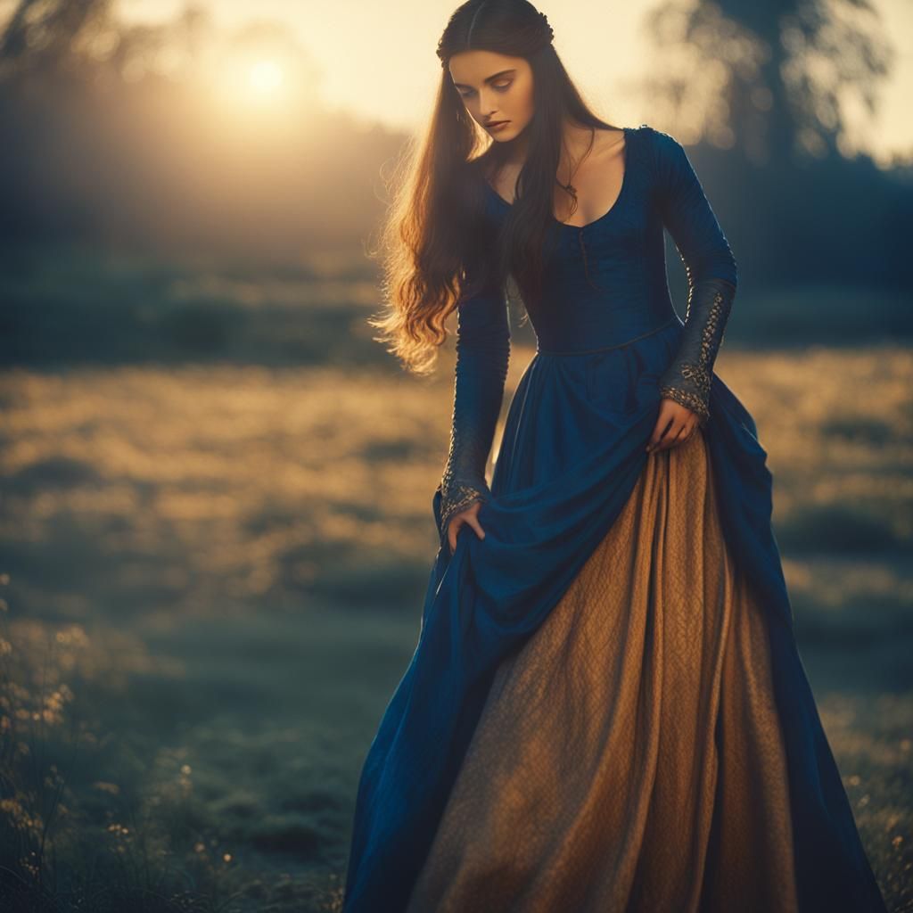 Medieval Lady in Sunlit Landscape, Cinematic Style