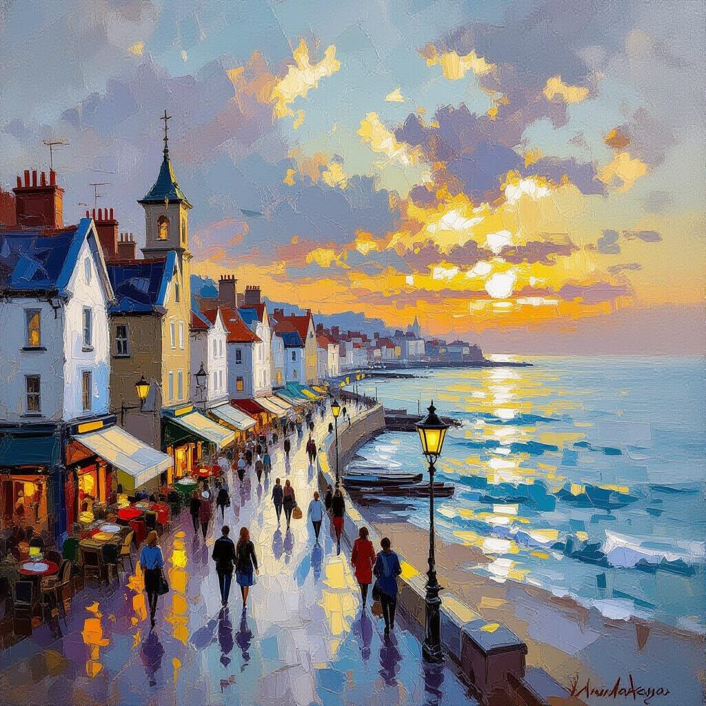 Coastal Market Town at Golden Hour: Impasto Oil Painting